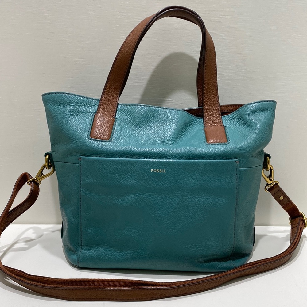 FOSSIL (SHB 1534) Teal Blue/ Brown Leather Satchel Crossbody Bag